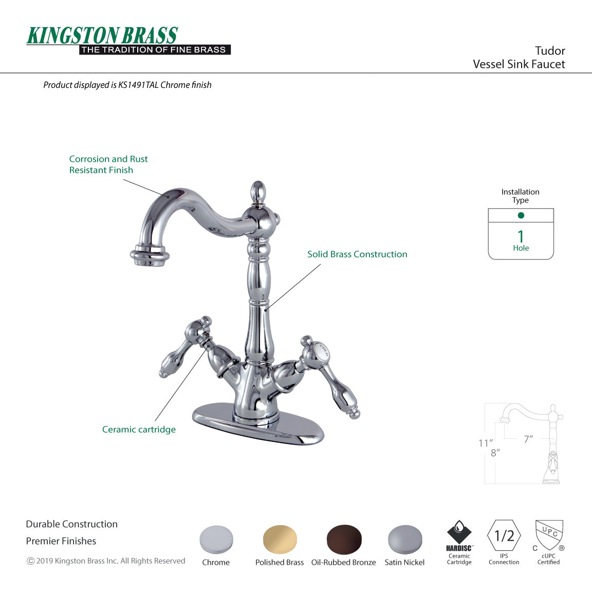 Kingston Heirloom KS1495TAL - Tudor Two-Handle 1-or-3 Hole Deck Mount Vessel Faucet, Oil Rubbed Bronze — thumbnail 3